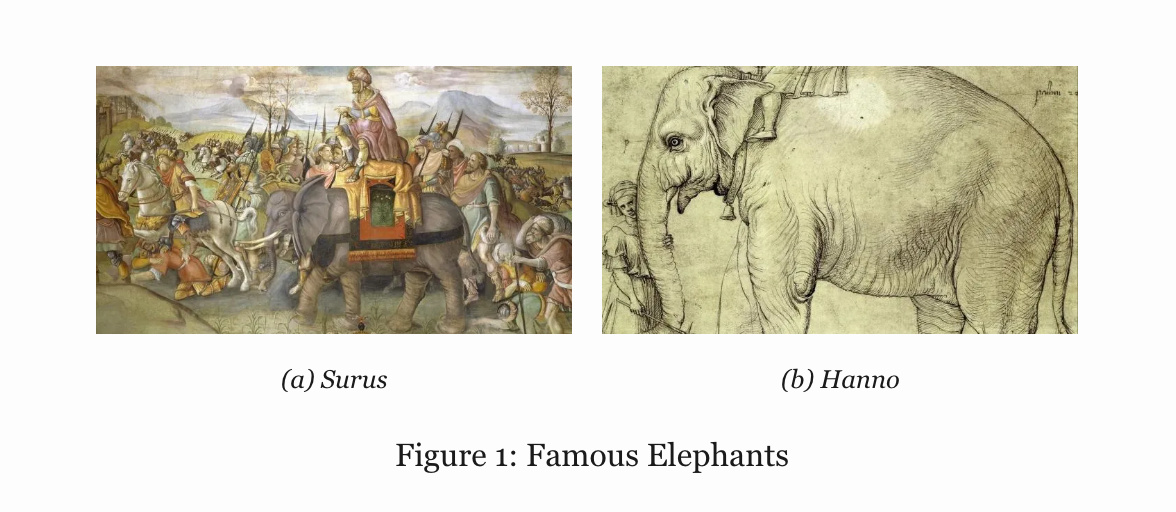 An artistic rendition of Surus, Hannibal's last war elephant, is on the left. Underneath this picture is the caption '(a) Surus.' On the right is a line drawing of Hanno, a famous elephant. Underneath this picture is the caption '(b) Hanno.' The words 'Figure 1: Famous elephants' are centered beneath both pictures.