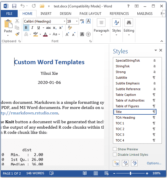 A screen shot of a Microsoft Word document. The Styles pane is open on the right hand side of the document.